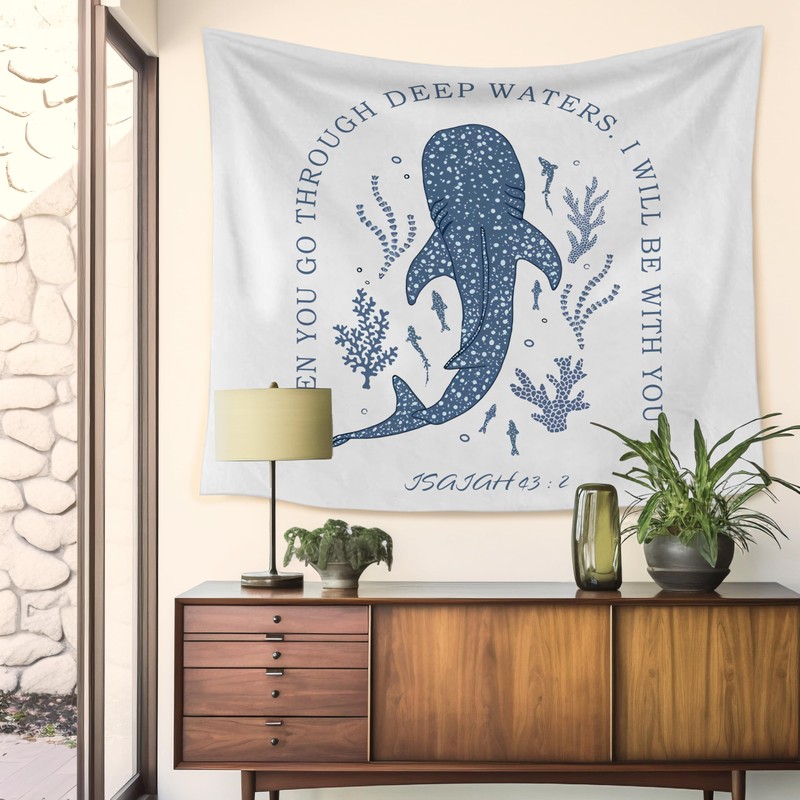 HUGANE Whale Shark Christian Tapestry, Isaiah 43:2 Bible Verse Tapestry