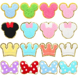 Aunifun 16 PCS Chenille Mouse Head Patches, Cute Mouse Bowknot Crown Iron on Patches for Clothing Gold Trim Embroidered Patches Set Applique Chenille Patches for DIY Decors