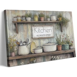QQL Rustic Kitchen Canvas Wall Art Farmhouse Pots Pans Kitchen Always Open Wall Decor Picture Country Still Life Floral Painting for Dining Room Home Decoration Ready to Hang