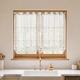 HiSnug Curtain White Net Curtain Jacquard Curtain Hollow Embroidery Curtain Voile Short Curtain Kitchen Door Corridor Curtain H 75 x W 150 cm - 1 Piece