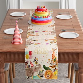 BOTB LIHM Happy Birthday Animal Party Balloons Table Runner Burlap Table Decoration for Home Kitchen Dining Dinner Indoor Holiday Party Farmhouse Decor 13x36 Inch