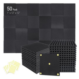 Focusound 50 Pack Acoustic Foam Panels 1" x 12" x 12" Sound Proof Foam Panles Soundproofing Noise Cancelling Wedge Panels for Home Office Recoding Studio with 300PCS Double-Side Adhesive