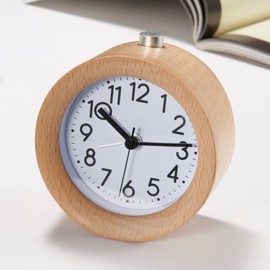 Gentle Wakeup Tone Alarm Clock - Small and Exquisite No Ticking Noise Snooze Function Wood Light Button No Noise (Round & Light Color)