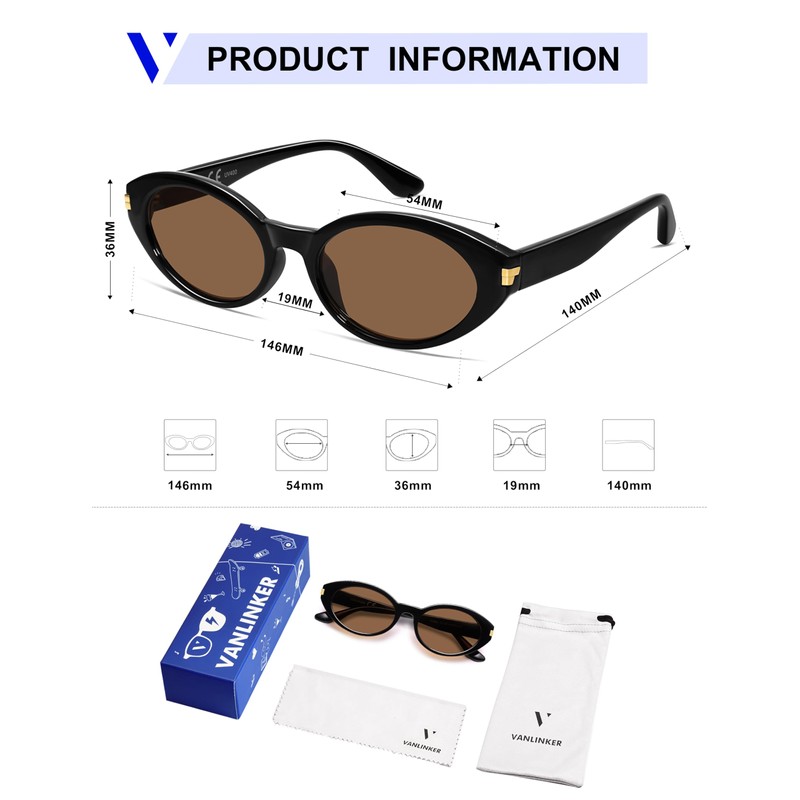 VANLINKER Polarized Retro Oval Sunglasses for Women Men Small Face