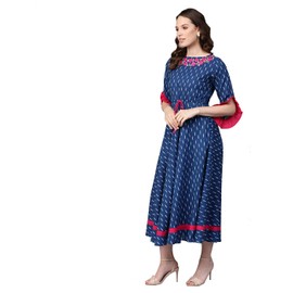 Yash Gallery - Vestido acampanado de algodón con estampado Ikat y bordado para mujer (azul), Azul, 5XL