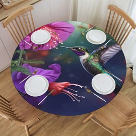 Famame Hummingbirds Fuchsia Flowers Round Fitted Tablecloth with Elastic Protector Table Cloth Kitchen Dinner Waterproof Oil-Proof Table Covers Fits 40"-44", Small