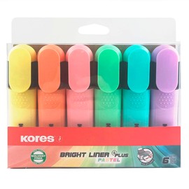 Kores - Bright Liner Plus: Pastel Highlighter Pens, Chisel Tip and Water-based Ink, Ergonomic Shape, School and Office Supplies, Pack of 6 Assorted Colours