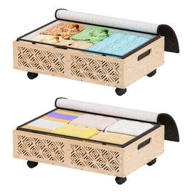 Under Bed Storage Containers-2 Pack Wooden Underbed Organizer with Wheels with Large Capacity Dust Bag, Stackable Under Bed Drawer Storage