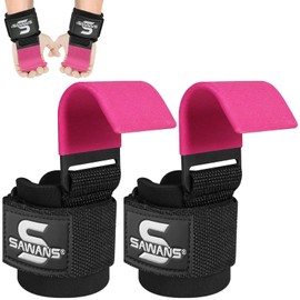 Lifting Hooks Non-Slip Coated Heavy Duty Solid Steel Neoprene Thick Padded Wrist Support Pair of Weight Lifting Gym Straps Deadlifts Chin Pull Up Fitness Bar Grip Strength Training Equipment (Pink)