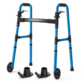 Loyoda Folding Walker with 2 Skis and 5" Wheels, Lightweight Walkers for Seniors and Adults, Supports Up to 350 Pounds, Adjustable Height, Compact Standard Walker, Blue
