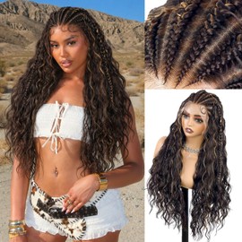 quickwig Braided Curly Wig for Black Women 13x6 Handmade Cornrow Braids Wig Boho Fulani Braid 26 Inch Long Curly Synthetic Wigs 2-in-1 Versatile Style Lace Front Wigs with Baby Hair R2/27