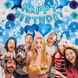 Zercart Blue Birthday Party Decorations, Blue Balloons Birthday Decorations for Men Women, Happy Birthday Letter Banner, Birthday Party Supplies Helium Balloons Confetti Balloons for Birthday