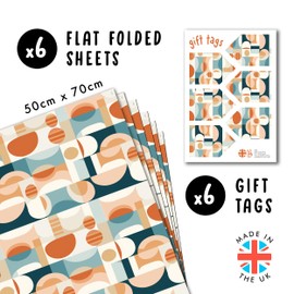CENTRAL 23 Retro Wrapping Paper - 6 Sheets Of Gift Wrap For Men And Women - Orange Blue - Birthday Wedding Christmas - Comes With Stickers - Recyclable