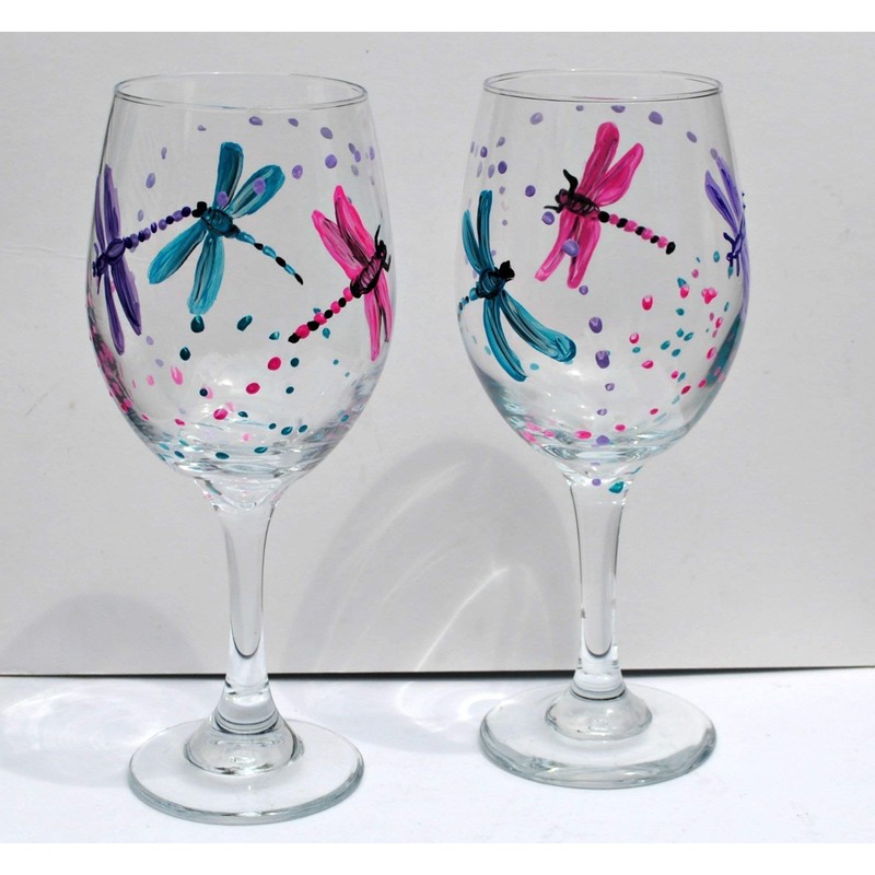 2 Dragonfly Multi Color Hand Painted Wine Glasses