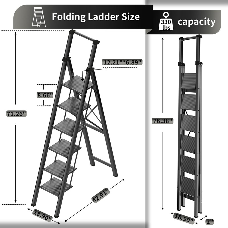 6 Step Ladder, Portable Step Ladder with Handrails, Folding Step