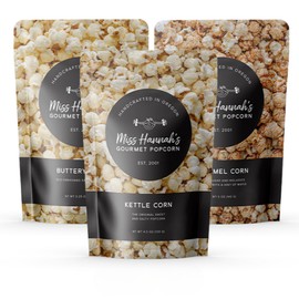 Miss Hannah's Gourmet Popcorn Classic Bundle - Kettle Corn, Caramel Corn, & Buttery Salt - Non-GMO, Sweet & Savory Snack Box for Gifting or Sharing - 3 Pack Artisan Popcorn Gift Set