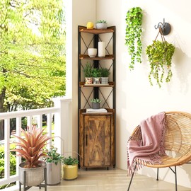 Giantex 4-Tier Corner Shelf with Cabinet - 71" Tall Free Standing Storage Shelves Rack Plant Stand, Industrial Narrow Bookshelf with Storage for Small Space, Living Room, Bathroom (Rustic Brown)