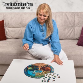 LEOGOR Wooden Jigsaw Puzzle for Adults - Eternal Tree of Life - (350 Piece, Large, 14.9 x 15 in) - Nature Inspired Round Design - Wood Cut Whimsy Animal Shapes