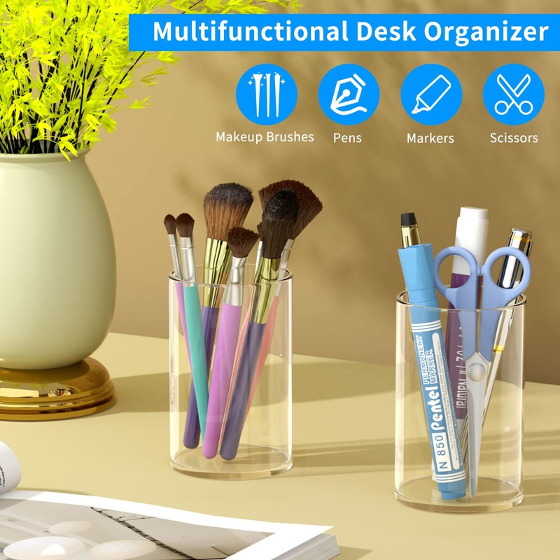 NIUBEE Clear Acrylic Pen Holder for Desk, Round Acrylic Pencil