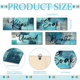Maitys 4 Pcs Bathroom Wall Decor 10 x 4 Inch Bathroom Wall Art Contemporary Wood Bathroom Pictures for Wall Soak Unwind Relax Wall Sign Spa Rustic Vintage Farmhouse Wall Pediments (Turquoise and Grey)