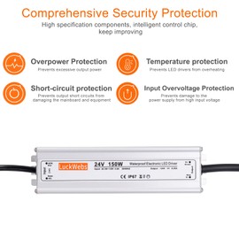 LuckWebs LED Driver 24V 150W Waterproof Power Supply AC 90-130V to DC 24V6.25A Switching Power Supply IP67 Rated Driver Suitable for Indoor Outdoor 24V Series LED Strip Lights and String Lights
