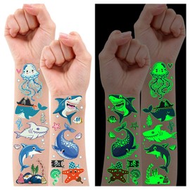 PARTYWIND Partywind 130 Estilos Luminoso Tiburón Tatuajes Temporales Para Niños, Tiburón Resplandor Decoraciones De Cumpleaños Regalos De Fiesta Suministros Para Niños Y Niñas, Océano B