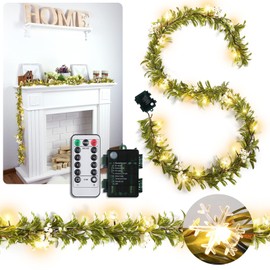 Ganeen 2 Pcs 5.9FT Prelit Olive Christmas Garland with 10 LED 10 Snowflake Lights Holly Berries Snowy Battery Operated Garland with Timer 8 Modes Remote for Christmas Decor (White Berries,Unflocked)