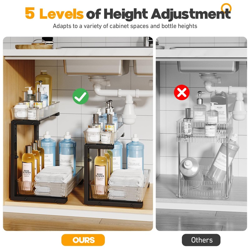 2 Pack Under Sink Organizer, 2-Tier Pull Out Cabinet Organizer,