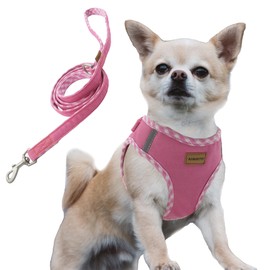Aiminto Denim Dog Harness & Leash Set, Breathable Mesh, Lightweight, Reflective Harness Chest - For Cats and Small Dogs (XXXS 24-28cm, Pink)