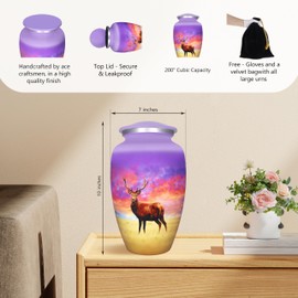 Large Urn for Ashes for Women & Men, Cremation Urns for Human Ashes Adult Female & Male, Funeral Memorial Urn with Deer Design, Decorative Burial Urns, Purple and Red Sky - Full Size