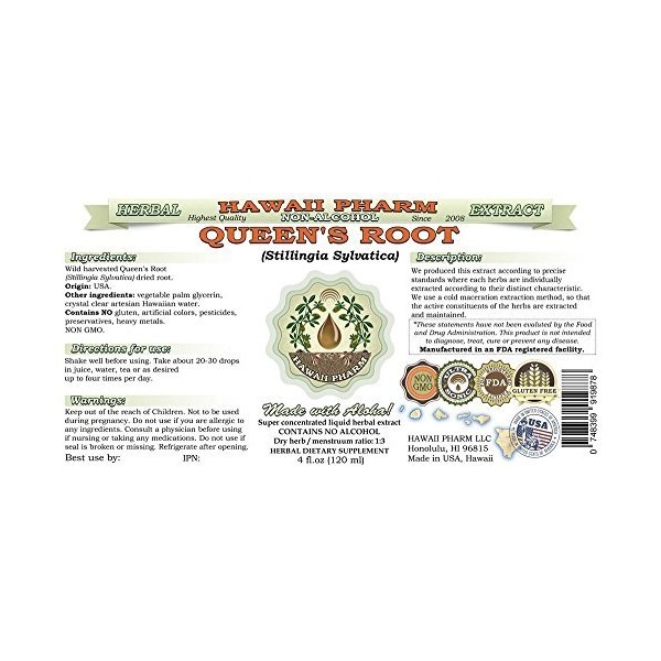 Queen's Root Alcohol-Free Liquid Extract, Queen's Root (Stillingia Sylvatica) Dried Root Glycerite Natural Herbal Supplement, Hawaii Pharm, USA 2 fl.oz