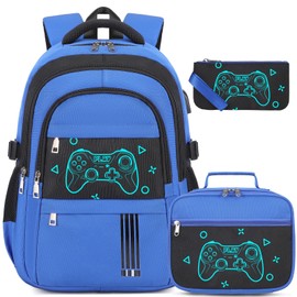 ACESAK Boys Backpack - 3PCS Cool Luminous Backpack for Boys School Backpacks for Kids Kindergarten Elementary Preschool Middle School Bags with Lunch Box Pencil Case Set (Blue Game Console)