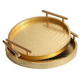 JUMBO HUMBLE Modern Decorative Tray Set of 2, Wooden Round Crocodile Leather Tray with Polished Metal Handles, Decorative Serving Trays Coffee Table Trays Ottoman Platter for Home Decor (Golden)
