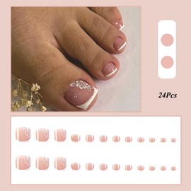Square False Toenail Short, 24Pcs White French Fake Toe Nail with Flower, Nude Pink Press on Toenail, Full Cover Acrylic Nail Tips with Nail Glue, Stick On Toenail for Women