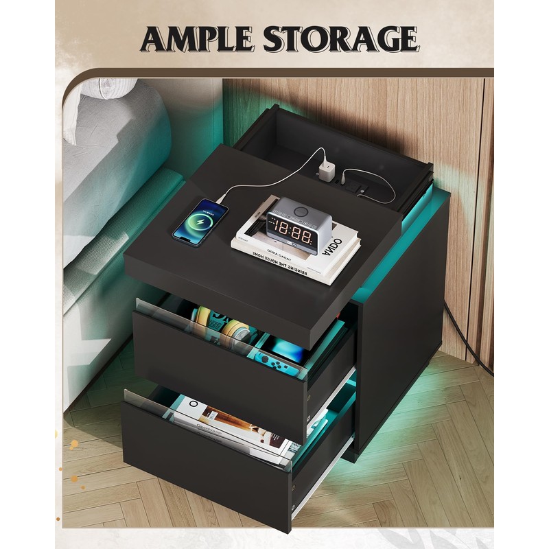 WLIVE Black Nightstand with Charging Station and LED Lights, Bedside