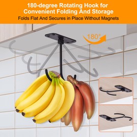 2-Pack Metal Banana Hanger, Under Cabinet Banana Double Hook, Sturdy Foldable Banana Hook with Screws, Keep Bananas Fresh, Black
