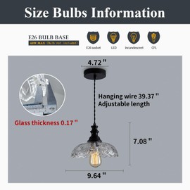 1-Light Pendant Light with Black Metal Glass Shade and Adjustable Cord Industrial Ceiling Hanging Light for Kitchen Island Bar Dining Room Bedroom Foyer Hallway Farmhouse