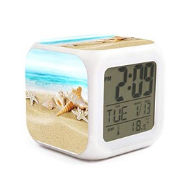 XUWU Summer Beach Beachy Starfish Alarm Clock for Kids Boy Girl 7 LED Color Changing Wake Up Clock Home Decor Bedroom Digital with Temperature Display