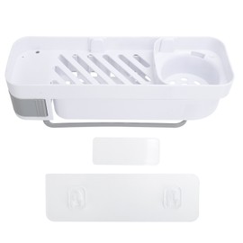No Drilling Corner Shower Shelf Wall Mounted Bathroom Storage Rack with Towel Hook(White Gray )