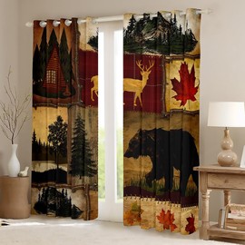 Rustic Farmhouse Blackout Curtains, Retro Cabin Lodge Window Treatments, Hunting Bear Deer Curtains, Country Maple Leaves Window Drapes, Woodland Pine Tree Darkening Curtains, Red Brown 42"X63"