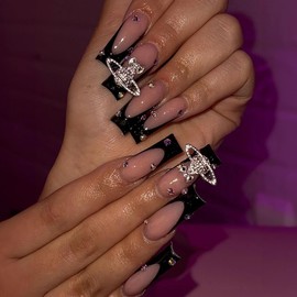 MERVF Long Square Press on Nails Black French Tip Fake Nails Squoval Glue on Nails Press ons Full Cover Charms Rhinestones Design Acrylic Nails Glossy 24pcs