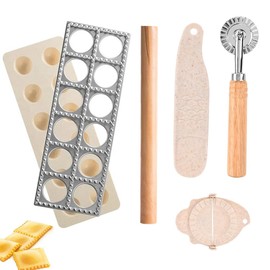 5 Pcs Ravioli Mold Set,12 Holes Ravioli Maker,Dumpling Lace Print,Press Ravioli Stamp Maker Cutter with Wood Rolling Pin,Wheat Straw Dumpling Maker with Filling Scoop,Dumpling Stamp Making Tools