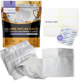 Crunch Co. MRE Mylar Bag Bundle - 50x (7.5 Mil - 7.5" x 8.5’’) Stand-Up Zipper bags, 50x 400cc Oxygen Absorbers, 50 labels - Heat Sealable & Withstand Boiling Water - Long-Term Food Storage