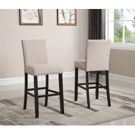 Roundhill Furniture Biony Fabric Bar Stools with Nailhead Trim (Set of 2), Tan