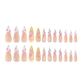 Press on Nails Almond Medium Length Glossy Full Cover Acrylic White French False Nails with Pink Floral Designs Artificial Almond Shaped Fake Nails with Charms Glue on Fingernails for Women Girls