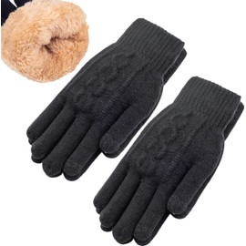 FENELY Women's Winter Warm Touch Screen Gloves Womens Thermal Cable Knit Wool Fleece Lined Mittens for Cold Weather (Black+Black)