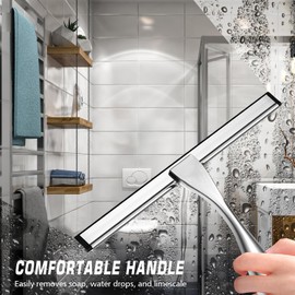 OVSGTTZ Stainless Steel Shower Squeegee for Glass, Includes 3 Adhesive Hooks, Shower Door Squeegee for Bathroom, Household Window, Car Windshield, Mirrors, Tiles Scrubber Clear, 12 inch, Silver