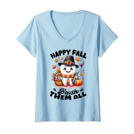 Womens Happy Fall Brush Them All Tooth Dentist Dental Autumn Funny V-Neck T-Shirt
