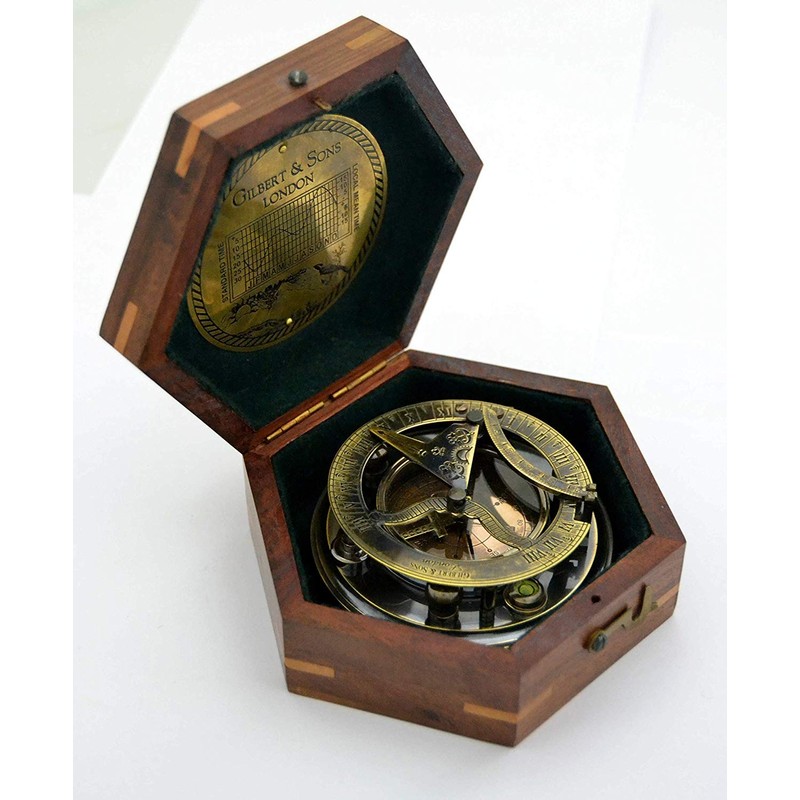 Nautical Antique Gilbert Brass Decorative Sundial Compass with Rose Wood