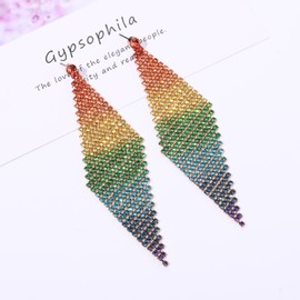 Rhinestone Earrings for Women Statement Rainbow Rhinestone Fringe Earrings Boho Chandelier Drop Dangle Earrings Pride Bride Wedding Jewelry Gift (Rainbow Tassel B)